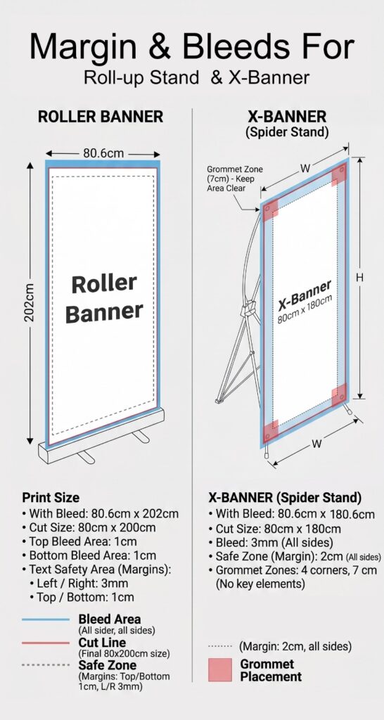 Margins, Safe Zone, and Cut Line (Actual Size) for X-Banner and Roll-Up Banner.